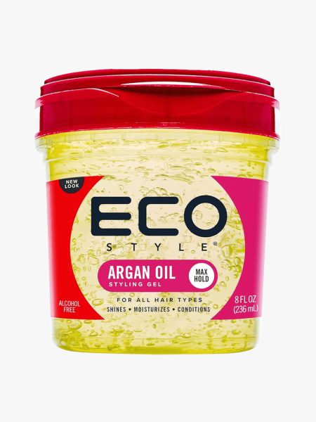 Eco Style Moroccan Argan Oil Styling Gel in clear jar with red lid on light gray background