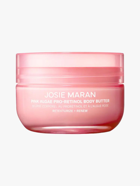Josie Maran Pink Algae Pro-Retinol Body Butter in branded tub component on a light gray background